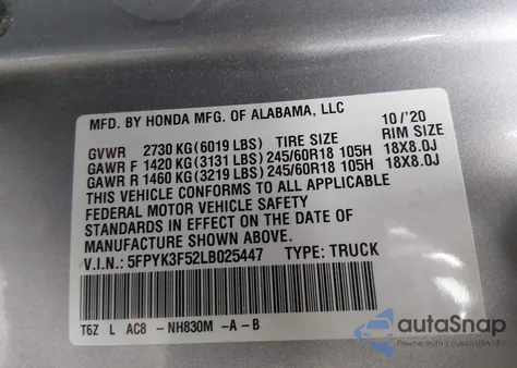 2020 Honda Ridgeline Awd Rtl z USA, uszkodzony, nr VIN 5FPYK3F52LB025447